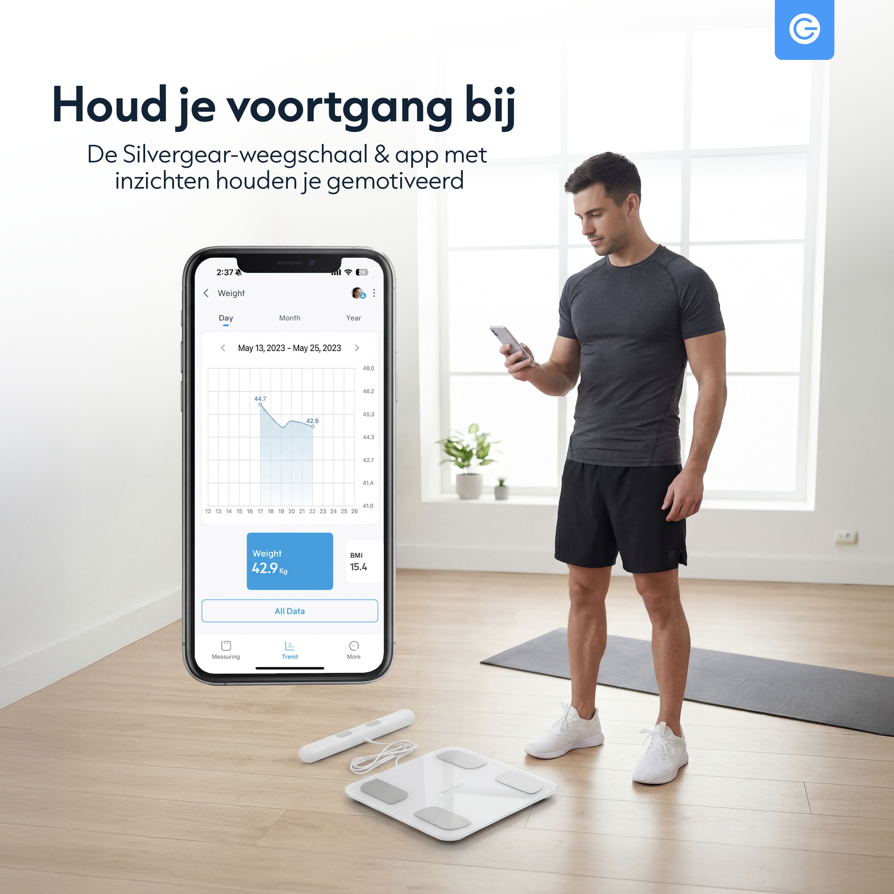 Houd je gewicht bij in de app van de slimme weegschaal