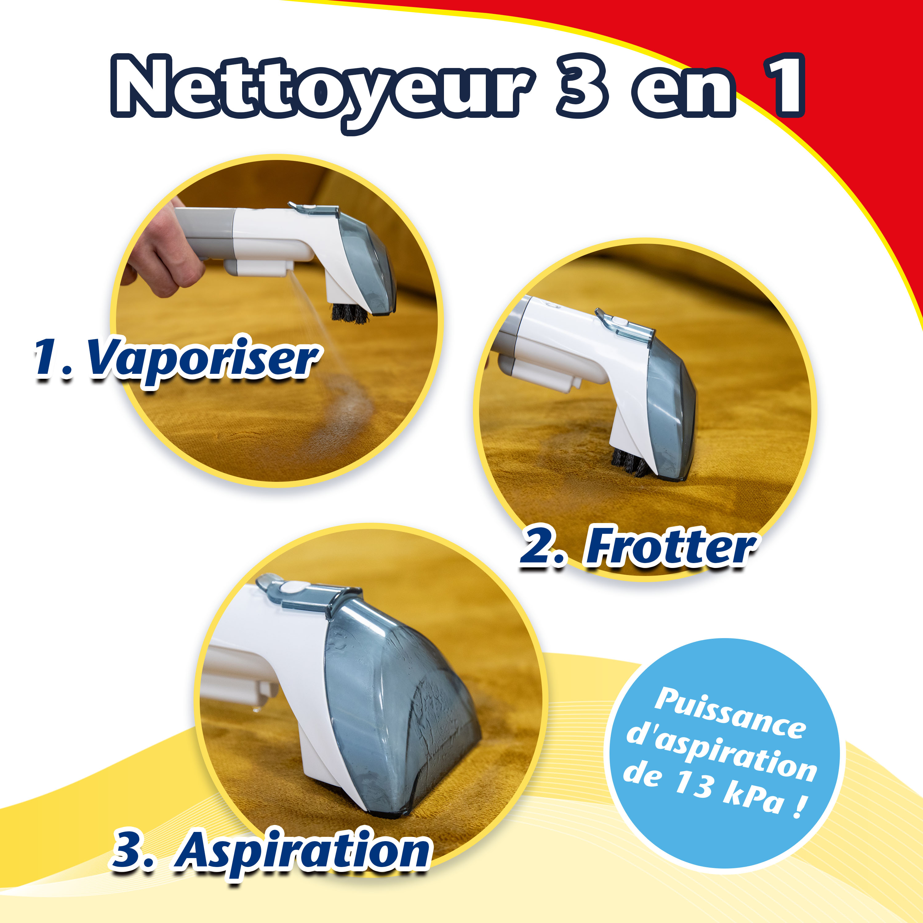 Vaporisez, polissez et aspirez sans excès d'eau avec le Nettoyeur Vapeur Tapis Portable.