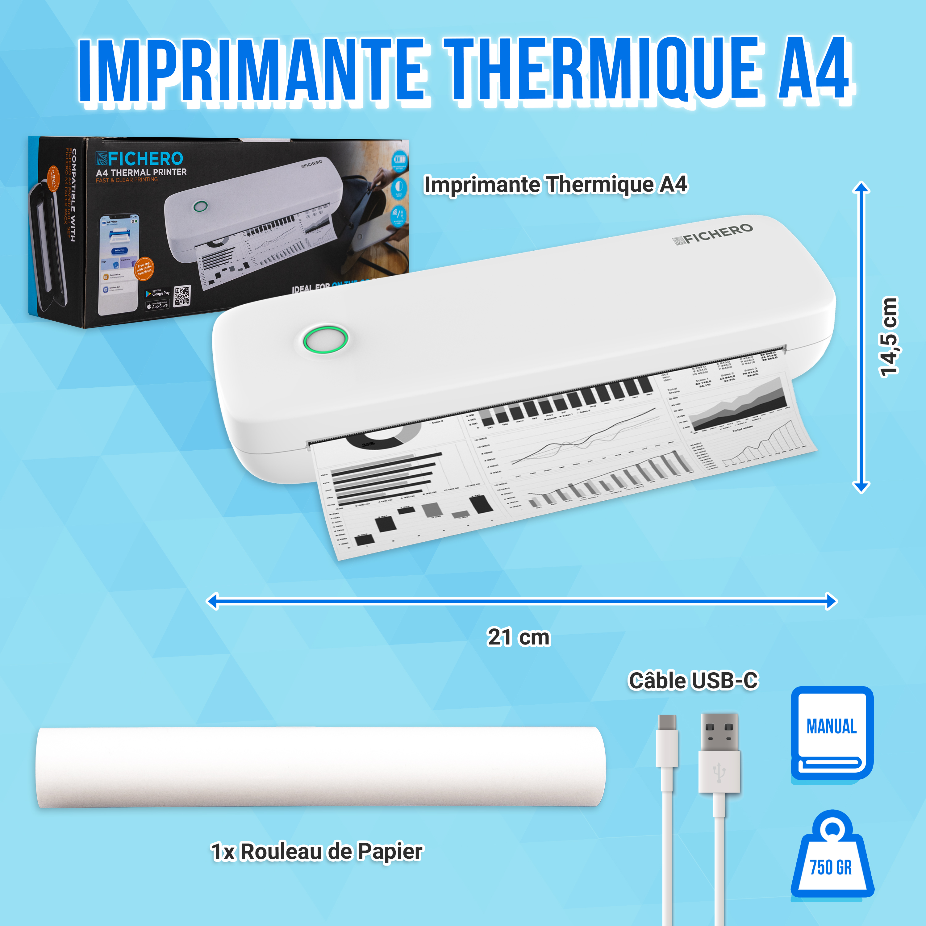 Que contient l'emballage de l'imprimante thermique A4 ?