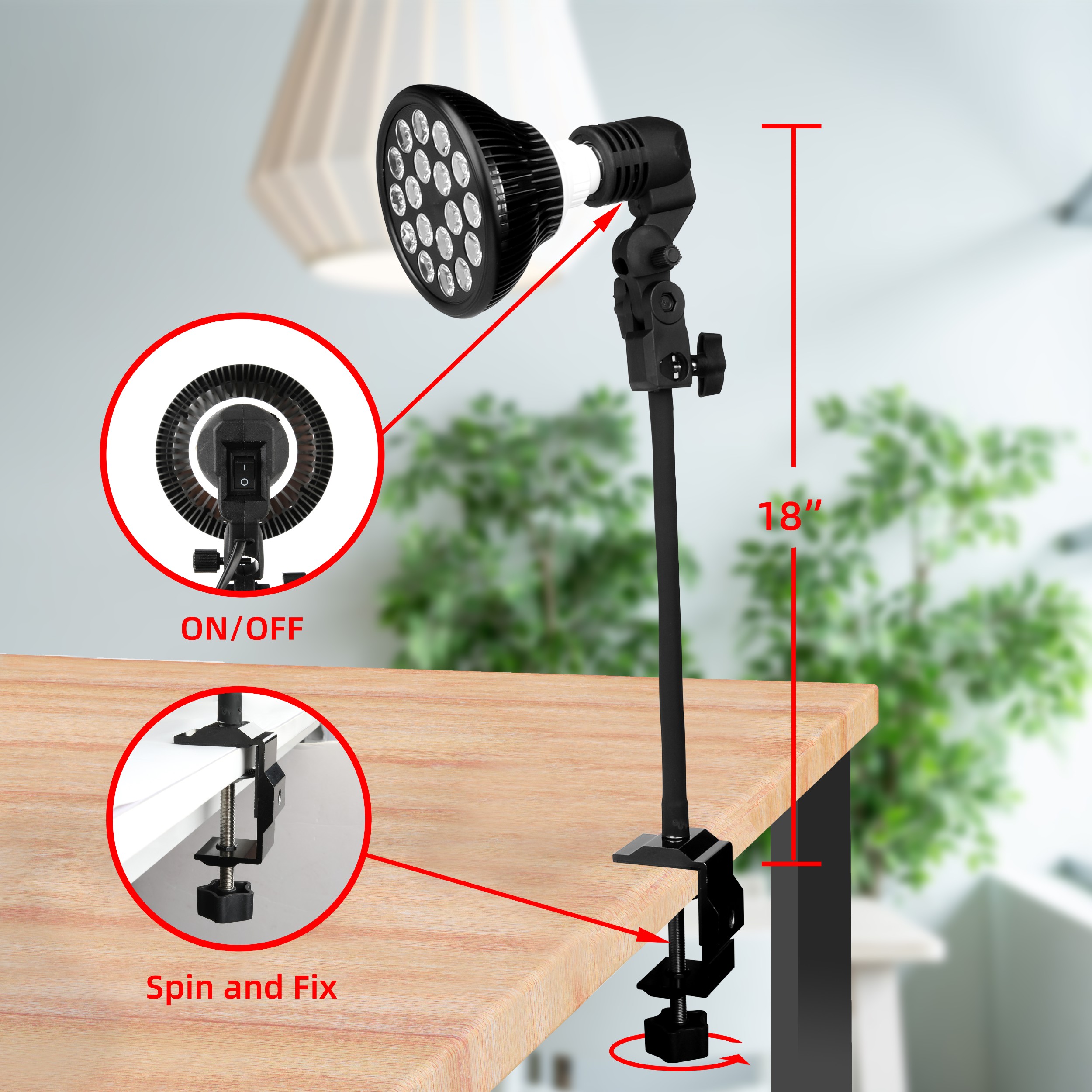 Red light therapy lamp with tripod and table clamp