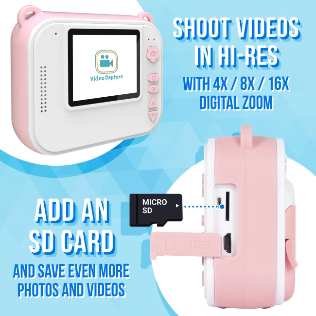 Kids Instant Camera - Pink - Combodeal with 6x Printpaper White