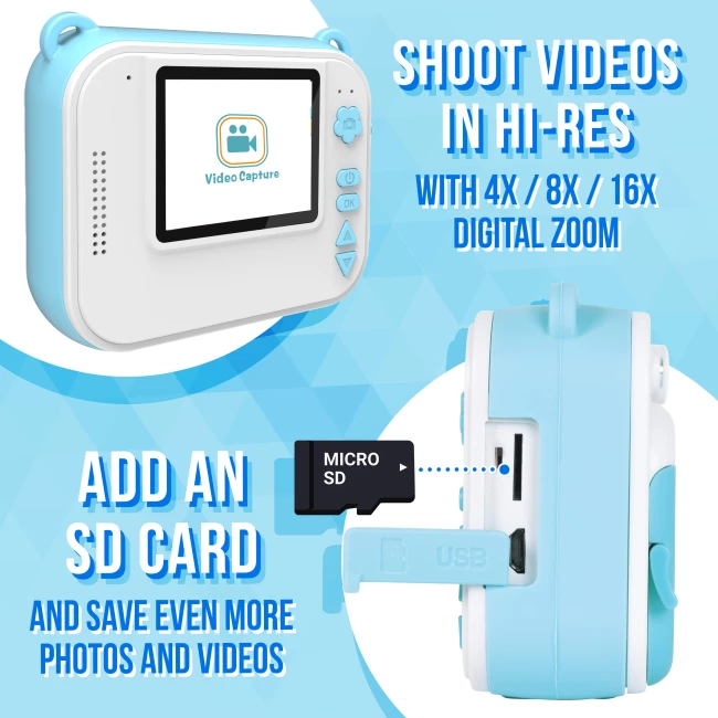 Kids Instant Camera - Blue - Combodeal with 6x Printpaper White