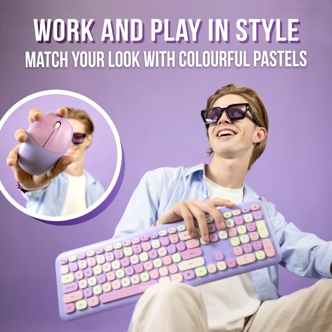Wireless Retro Keyboard and Mouse Set - Purple - Combodeal with Sturdy Laptop Stand