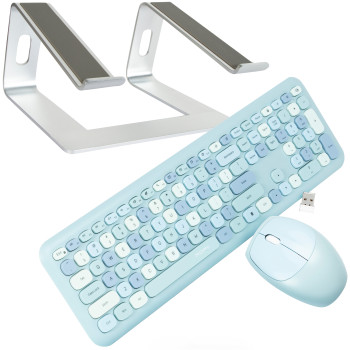 Wireless Retro Keyboard and Mouse Set - Blue - Combodeal with Sturdy Laptop Stand