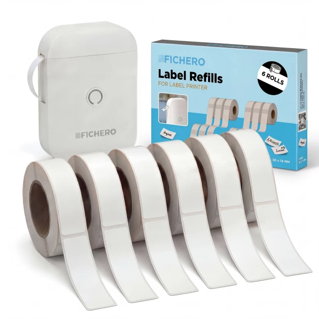 Refills Fichero Label Printer - 14 x 40 mm - White and Transparent - 6 label rolls